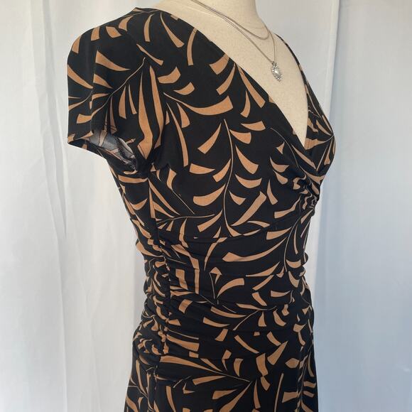 Midi Dress Size 12 Black Tan Faux Wrap V neck Stretch A Line Short Sleeve Y2K - Picture 5 of 14